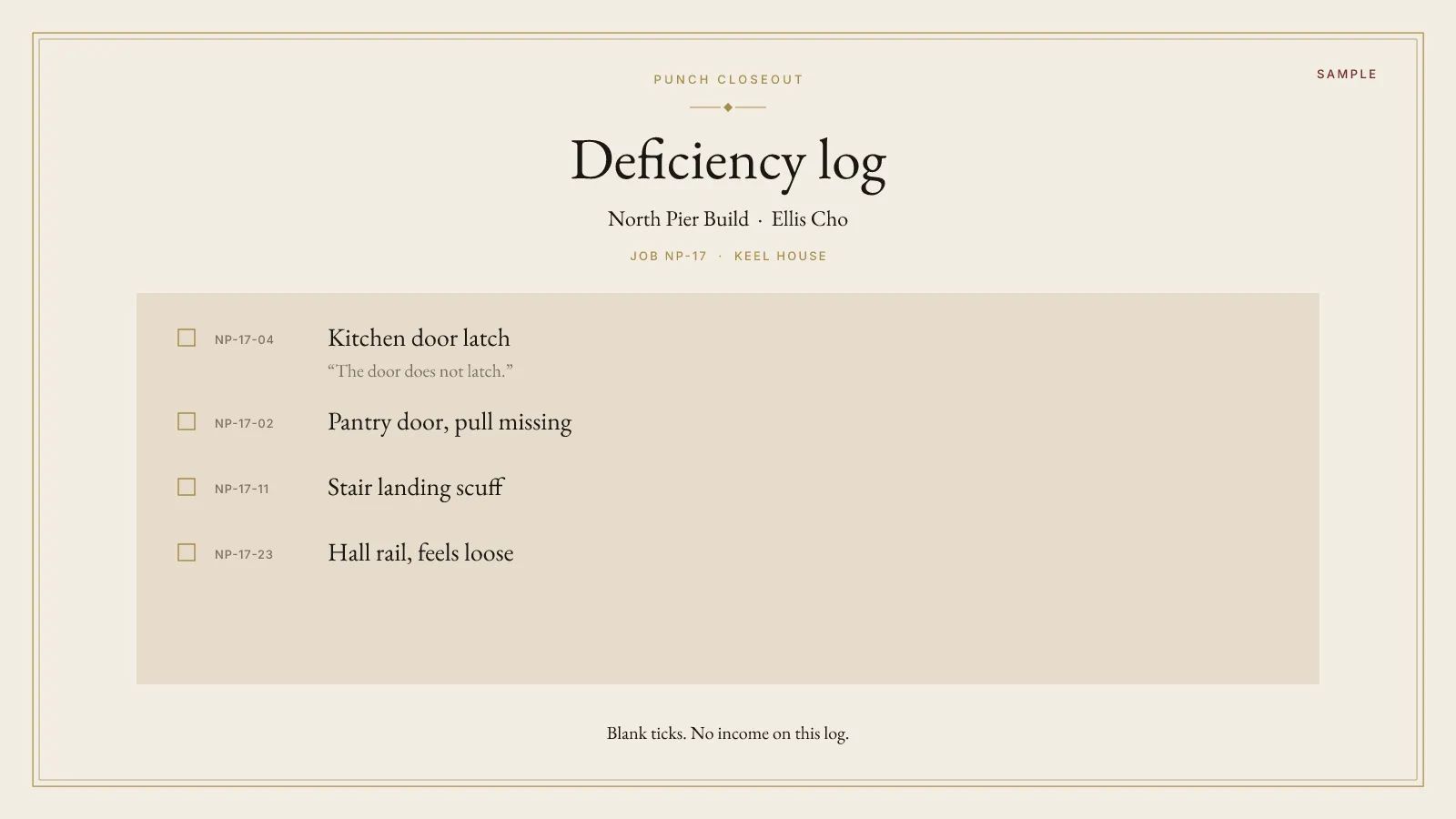 SAMPLE deficiency log for North Pier Build, Ellis Cho, job NP-17 Keel House. The kitchen door latch and other fictional items are listed with blank ticks. No income and no inspection stamp.