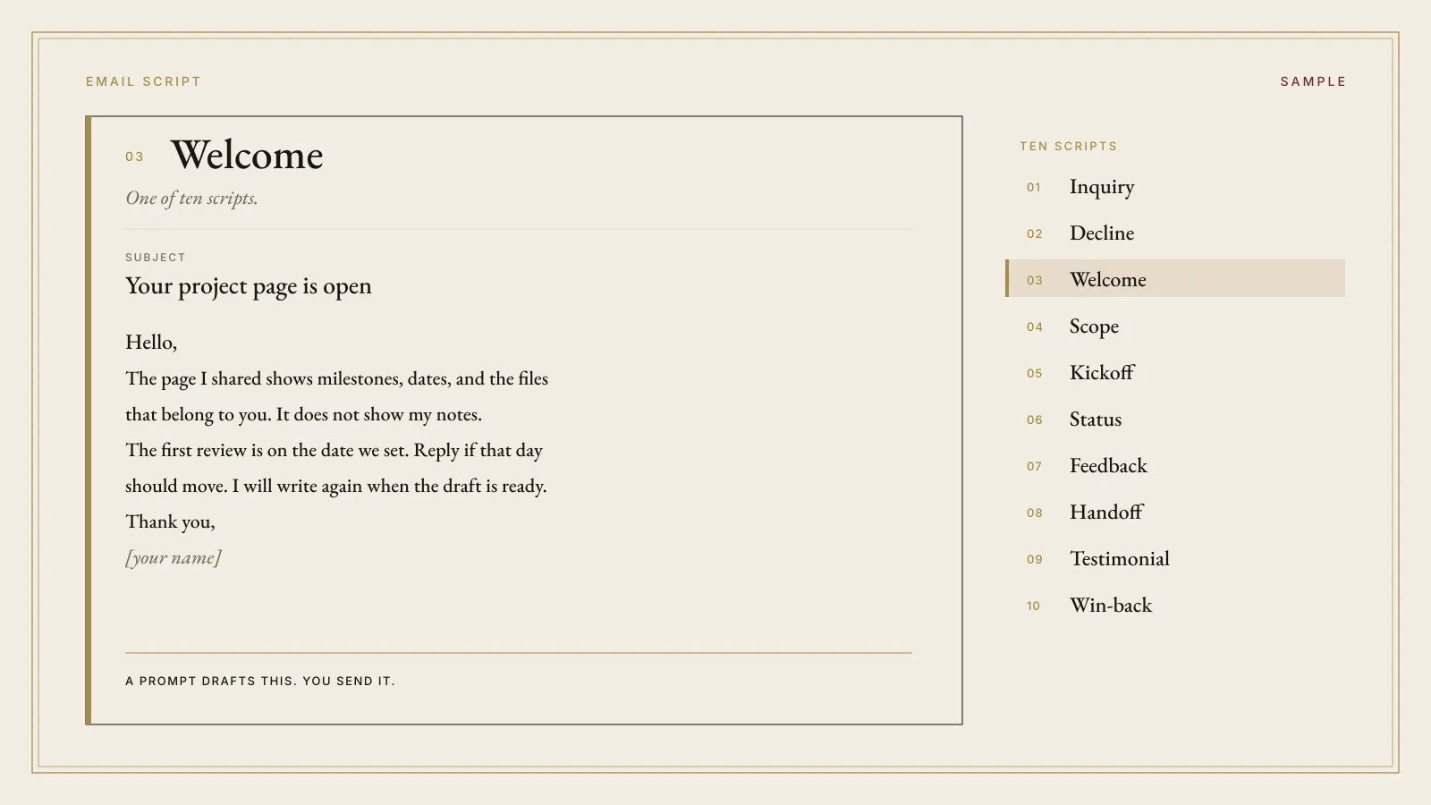 Welcome email script card from Client Onboarding and Delivery OS, marked SAMPLE, with the ten script names and a line that a person sends the note.