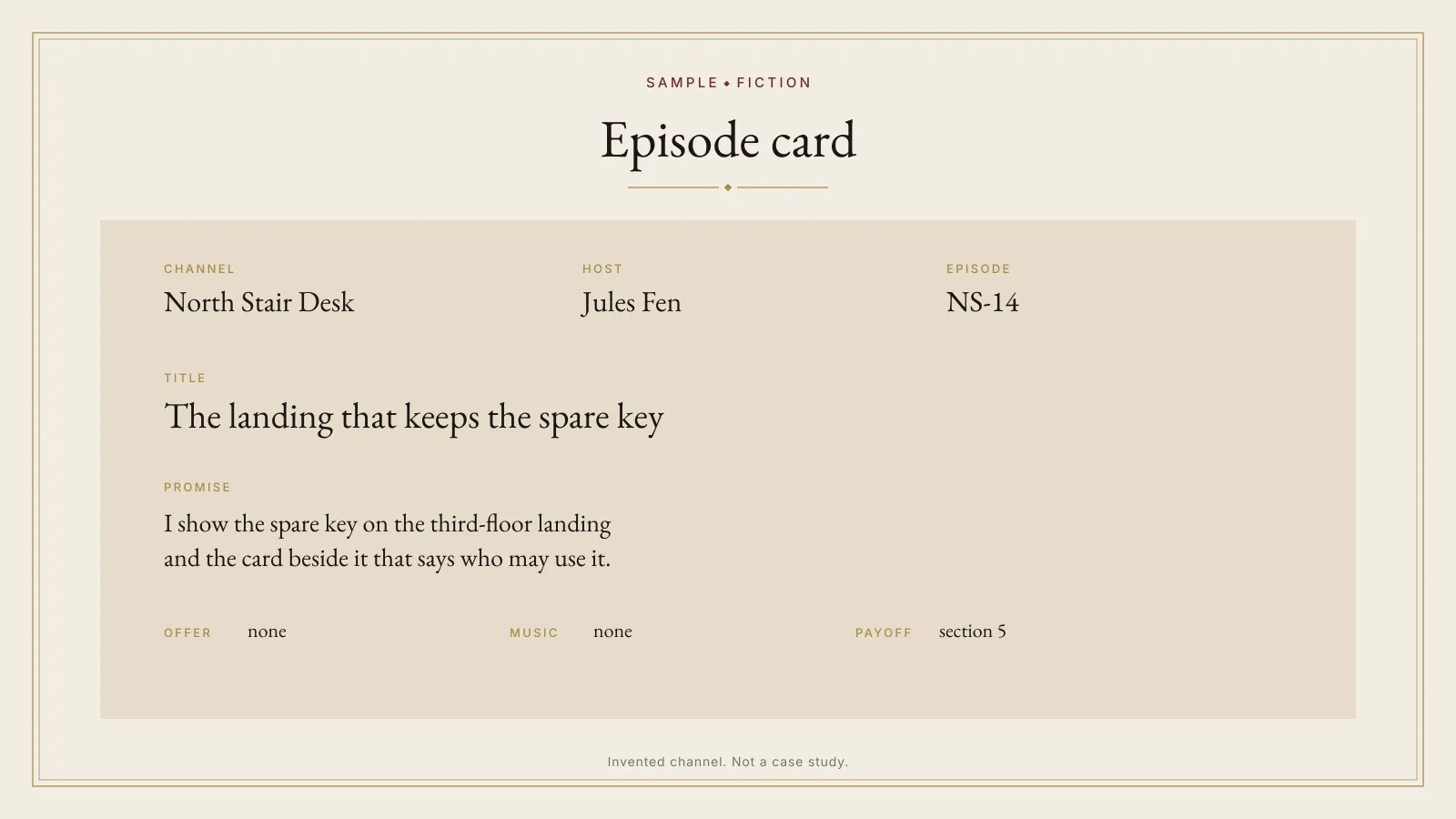 Sample episode card labeled SAMPLE and FICTION for the channel North Stair Desk. Host Jules Fen. Episode NS-14, The landing that keeps the spare key. The promise is to show a spare key and the card beside it. No audience numbers.