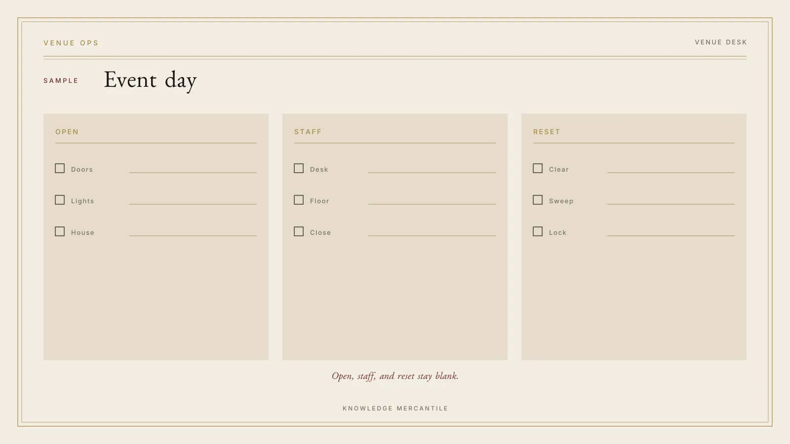 Sample event-day checklist from the Event Venue Ops Kit. Open, staff, and reset lines are blank. The plate is labeled SAMPLE.