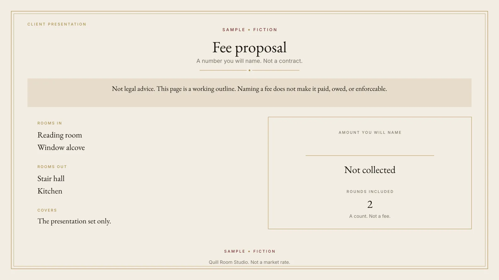 Sample fee proposal from the Interior Design Client Presentation Pack. A not-legal-advice line is set in type. The amount is blank and marked not collected. The plate is labeled SAMPLE and FICTION.