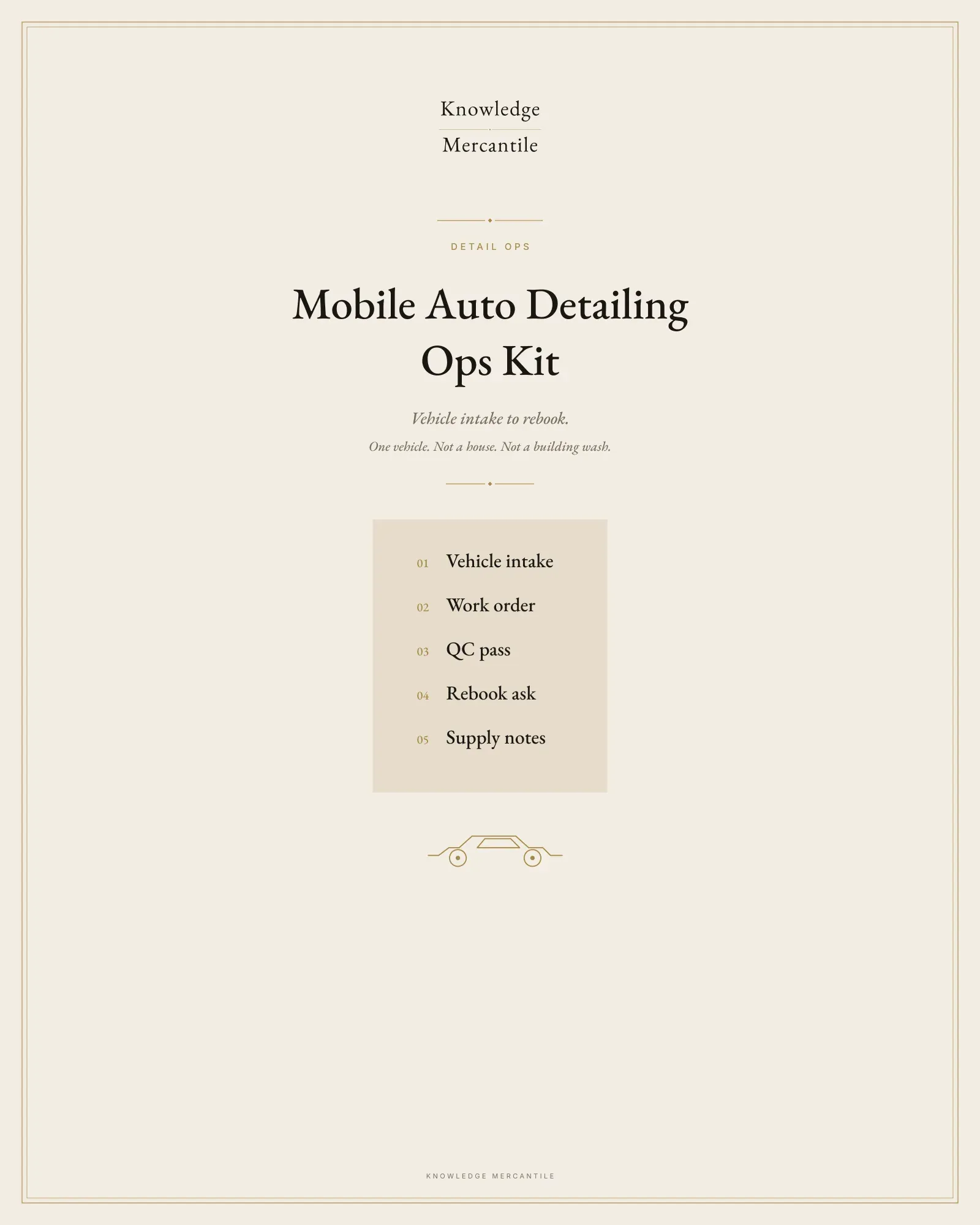 Edition cover for Detail Ops from Knowledge Mercantile. The eyebrow reads detail ops. The line reads vehicle intake to rebook. A ledger lists vehicle intake, work order, QC pass, rebook ask, and supply notes. No price is shown.