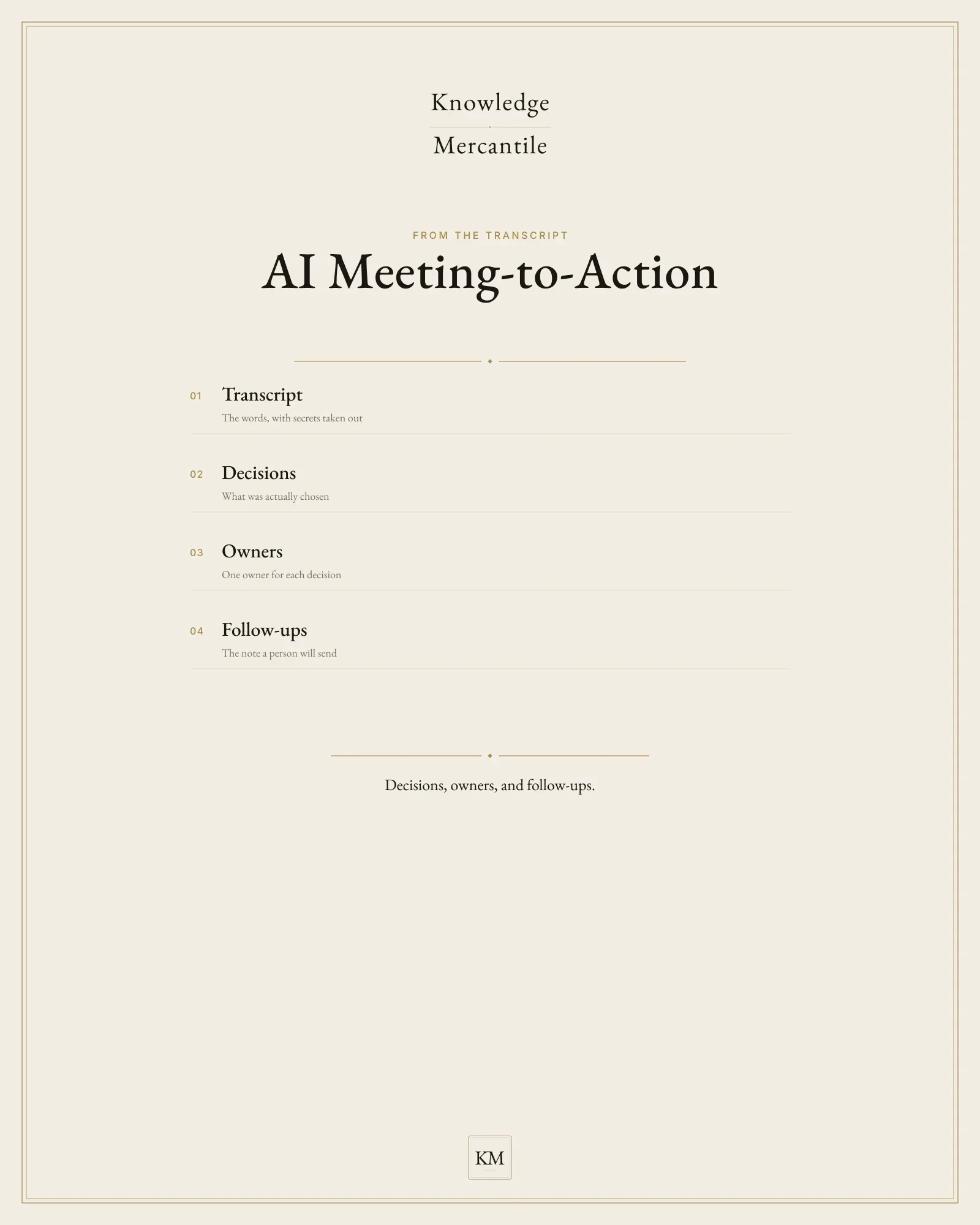 Edition cover for the AI Meeting-to-Action Pack from Knowledge Mercantile. A ledger lists transcript, decisions, owners, and follow-ups.