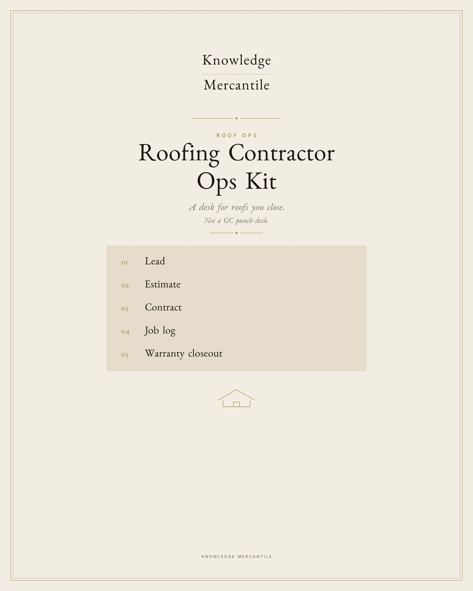 Edition cover for Roof Ops from Knowledge Mercantile. The eyebrow reads roof ops. The line reads: A desk for roofs you close. Not a GC punch desk. A ledger lists lead, estimate, contract, job log, and warranty closeout.