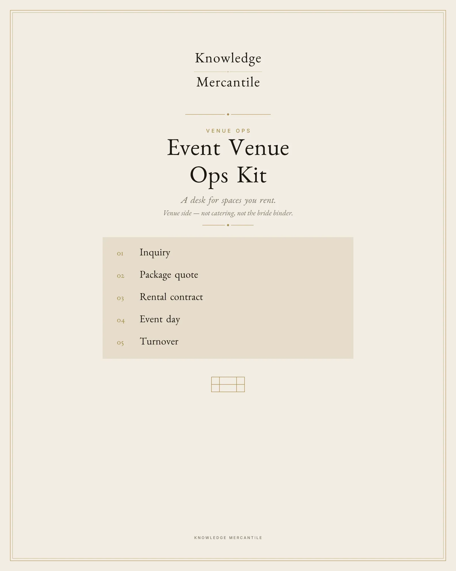 Edition cover for Venue Ops from Knowledge Mercantile. The eyebrow reads venue ops. The line reads: A desk for spaces you rent. Venue side — not catering, not the bride binder. A ledger lists inquiry, package quote, rental contract, event day, and turnover.