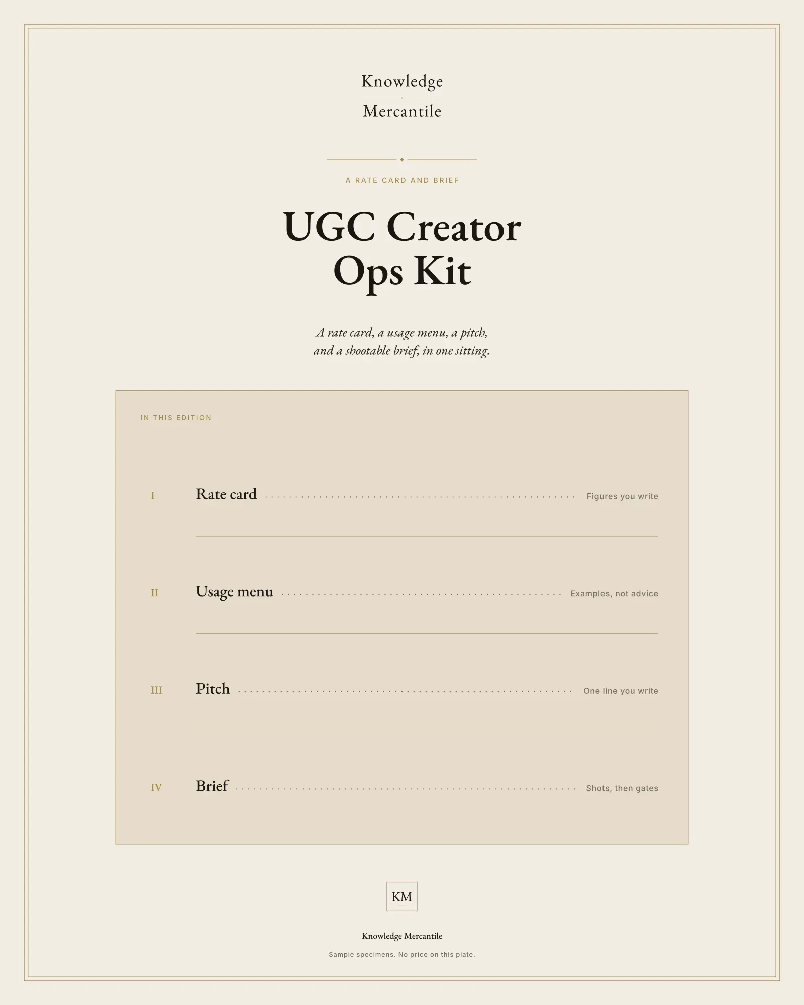 Edition cover for the UGC Creator Ops Kit from Knowledge Mercantile. The line above the title reads A rate card and brief, and a ledger lists a rate card, a usage menu, a pitch, and a shootable brief.