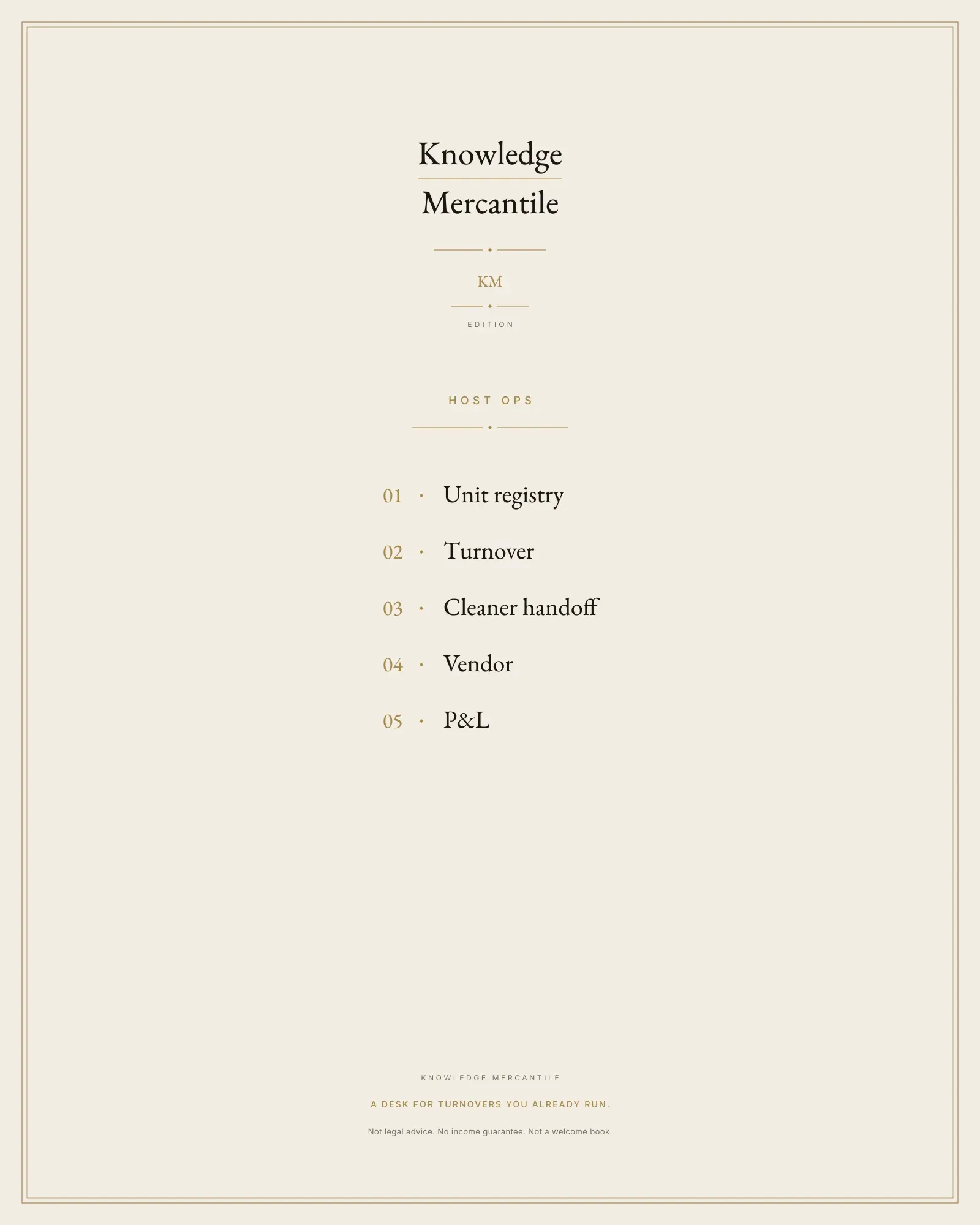 Edition cover for Host Ops from Knowledge Mercantile. The eyebrow reads host ops. A ledger lists unit registry, turnover, cleaner handoff, vendor, and P&L. The line reads: A desk for turnovers you already run.