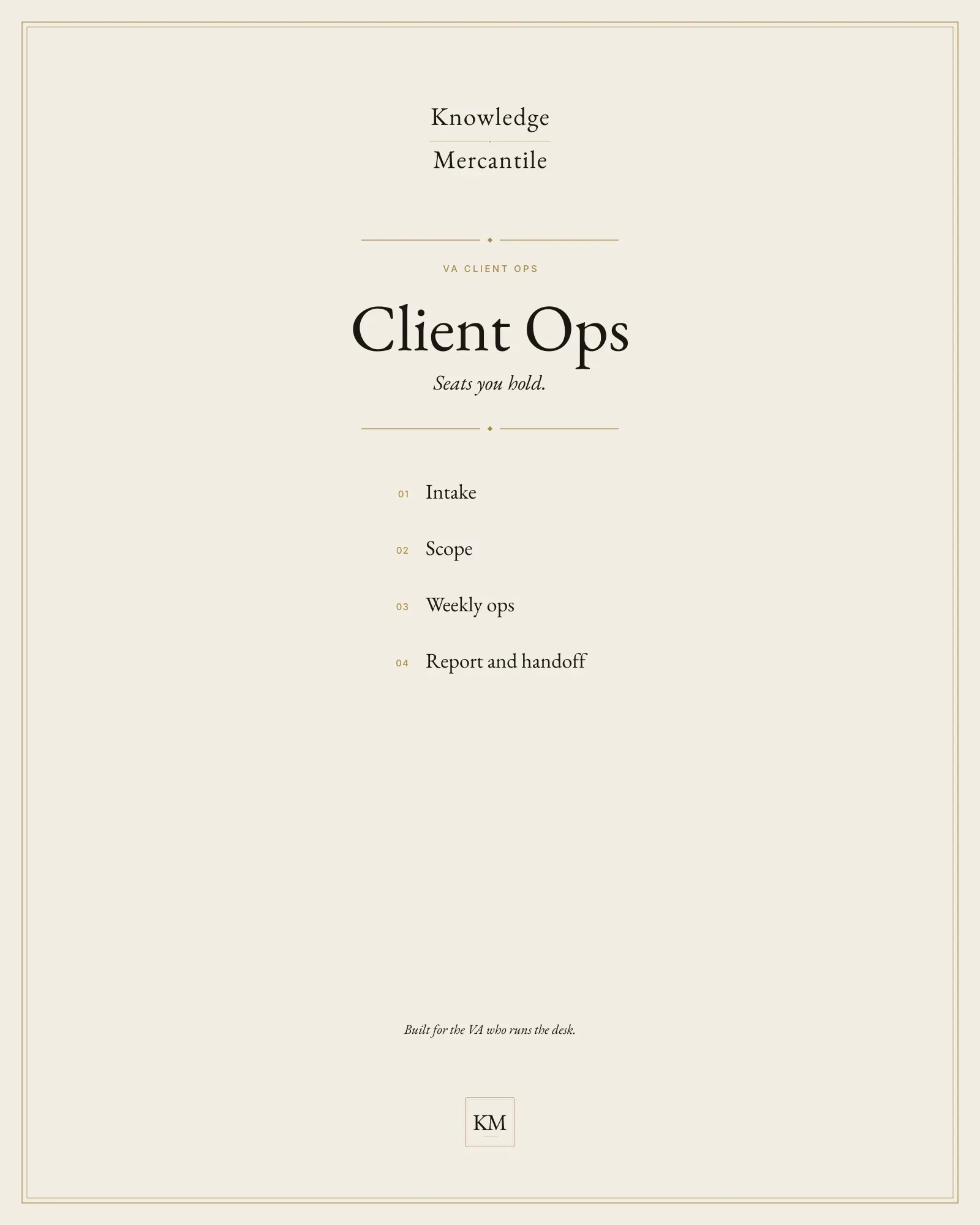 Edition cover for VA Client Ops from Knowledge Mercantile. The eyebrow reads VA client ops. A ledger lists intake, scope, weekly ops, and report and handoff. The line reads: Seats you hold. The foot reads: Built for the VA who runs the desk.