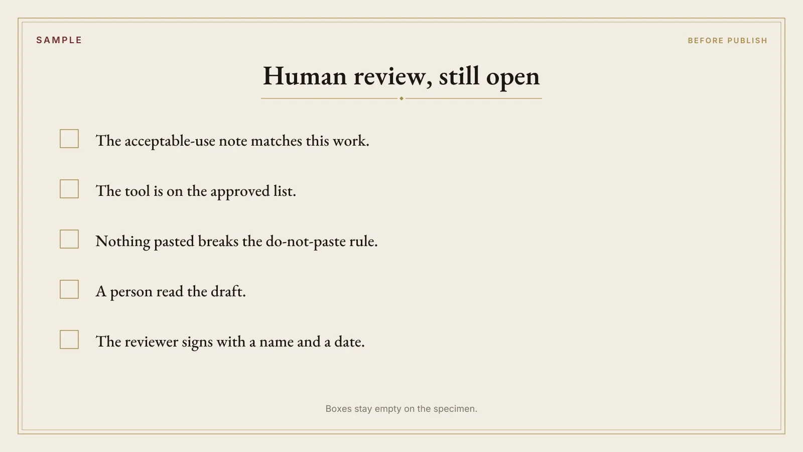 Sample human-review checklist for the AI Governance Starter Pack. The plate is labeled SAMPLE and every box is empty.