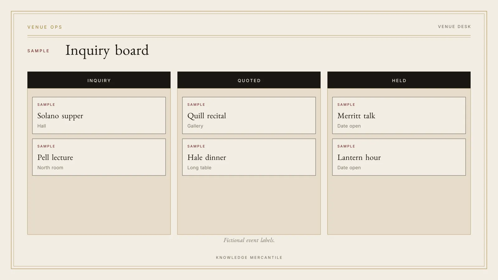 Sample venue inquiry board from the Event Venue Ops Kit. Columns are Inquiry, Quoted, and Held. Event labels are fictional. No income is shown. Each card is labeled SAMPLE.