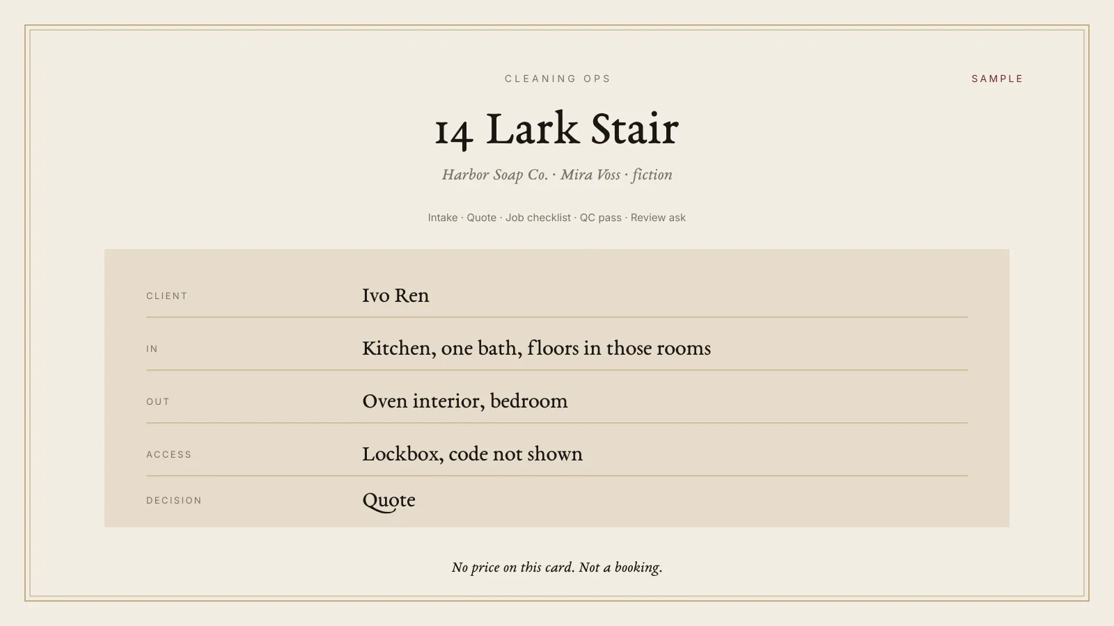 Sample job card for a fictional apartment at 14 Lark Stair, labeled SAMPLE, listing kitchen and bath in scope, oven and bedroom out, lockbox with no code, and a quote decision. Harbor Soap Co. and Mira Voss are fiction. The client is Ivo Ren. No price is shown. The spine reads intake, quote, job checklist, QC pass, and review ask.