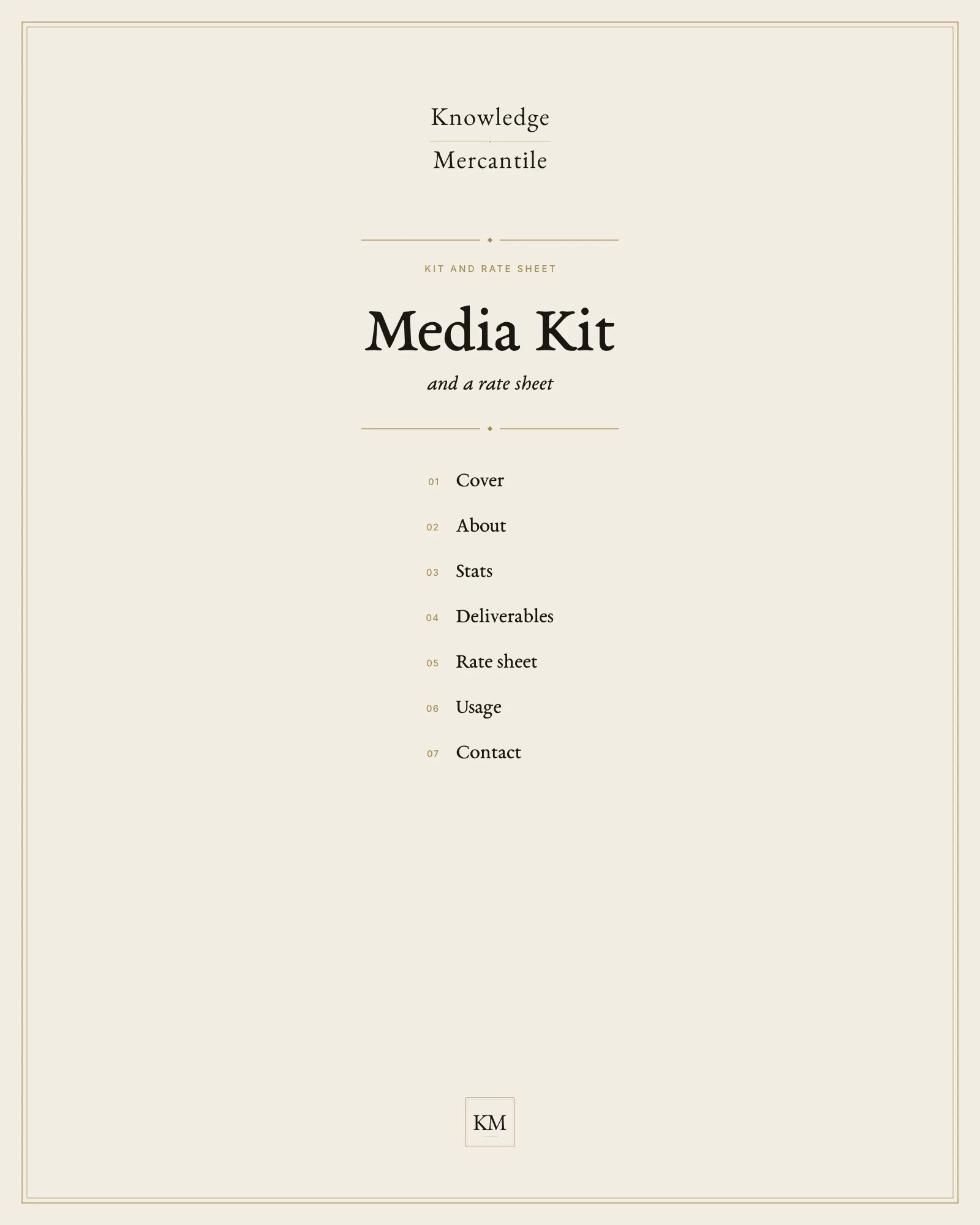 Edition cover for Media Kit and Rate Sheet from Knowledge Mercantile. The eyebrow reads kit and rate sheet. A ledger lists Cover, About, Stats, Deliverables, Rate sheet, Usage, and Contact.