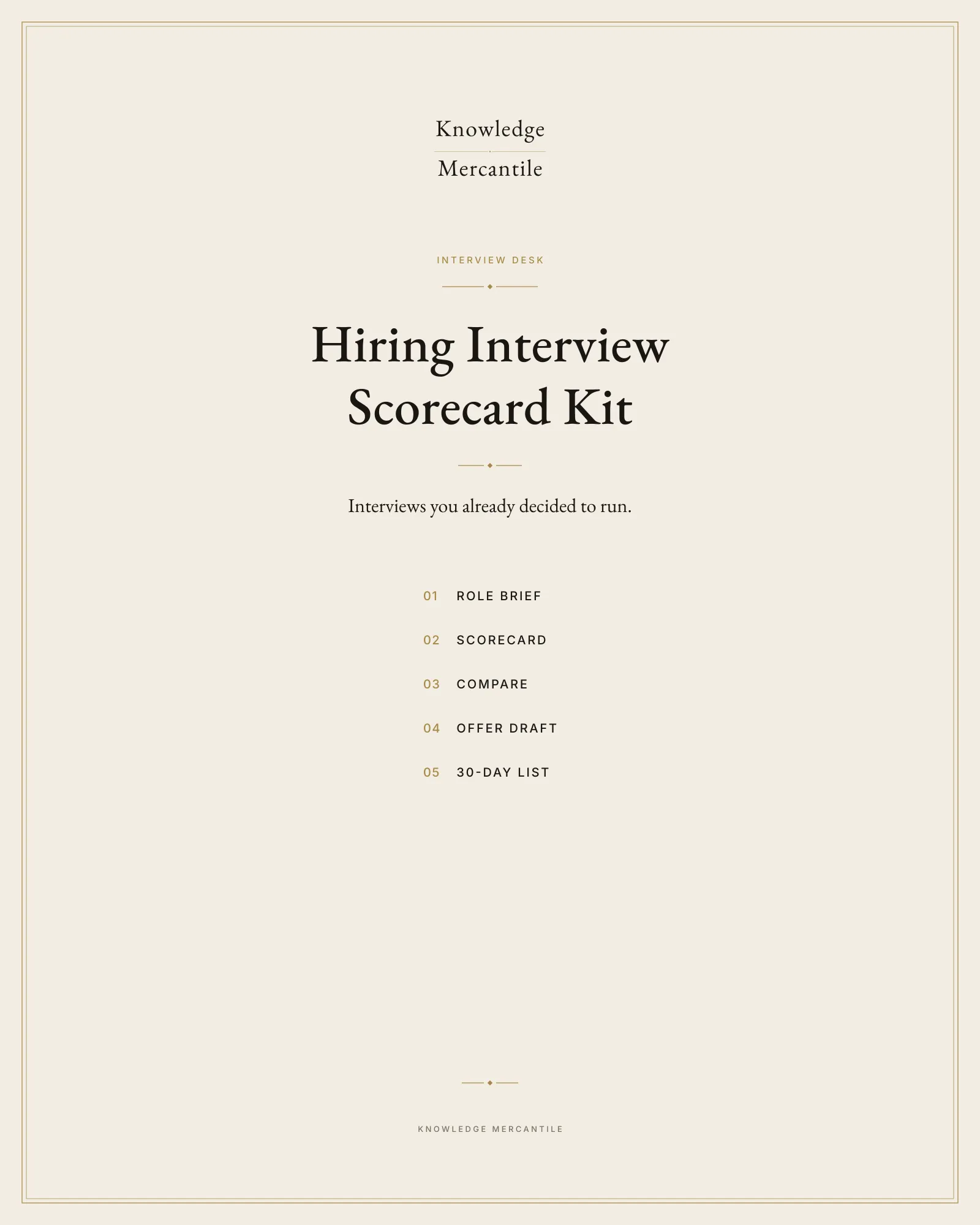 Edition cover for the Hiring Interview Scorecard Kit from Knowledge Mercantile. The line reads Interviews you already decided to run. A ledger lists role brief, scorecard, compare, offer draft, and 30-day list.
