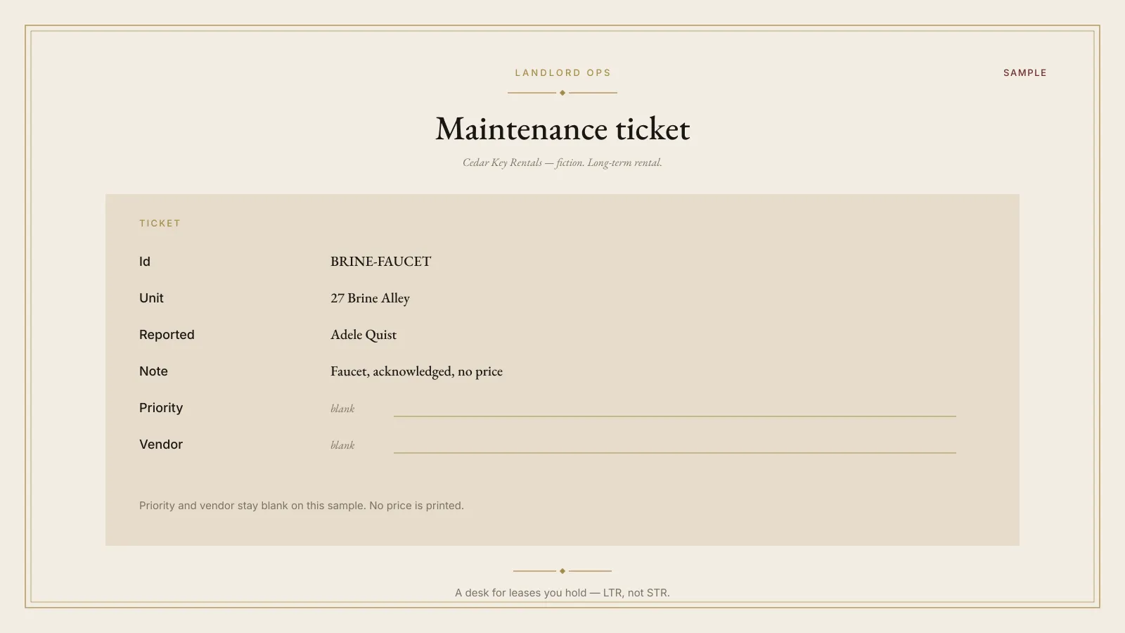 Sample maintenance ticket from the Landlord / LTR Property Ops OS. The ticket is BRINE-FAUCET at 27 Brine Alley. Adele Quist reported a faucet. It is acknowledged. No price is printed. Priority and vendor are blank. Cedar Key Rentals is fictional. The plate is labeled SAMPLE.