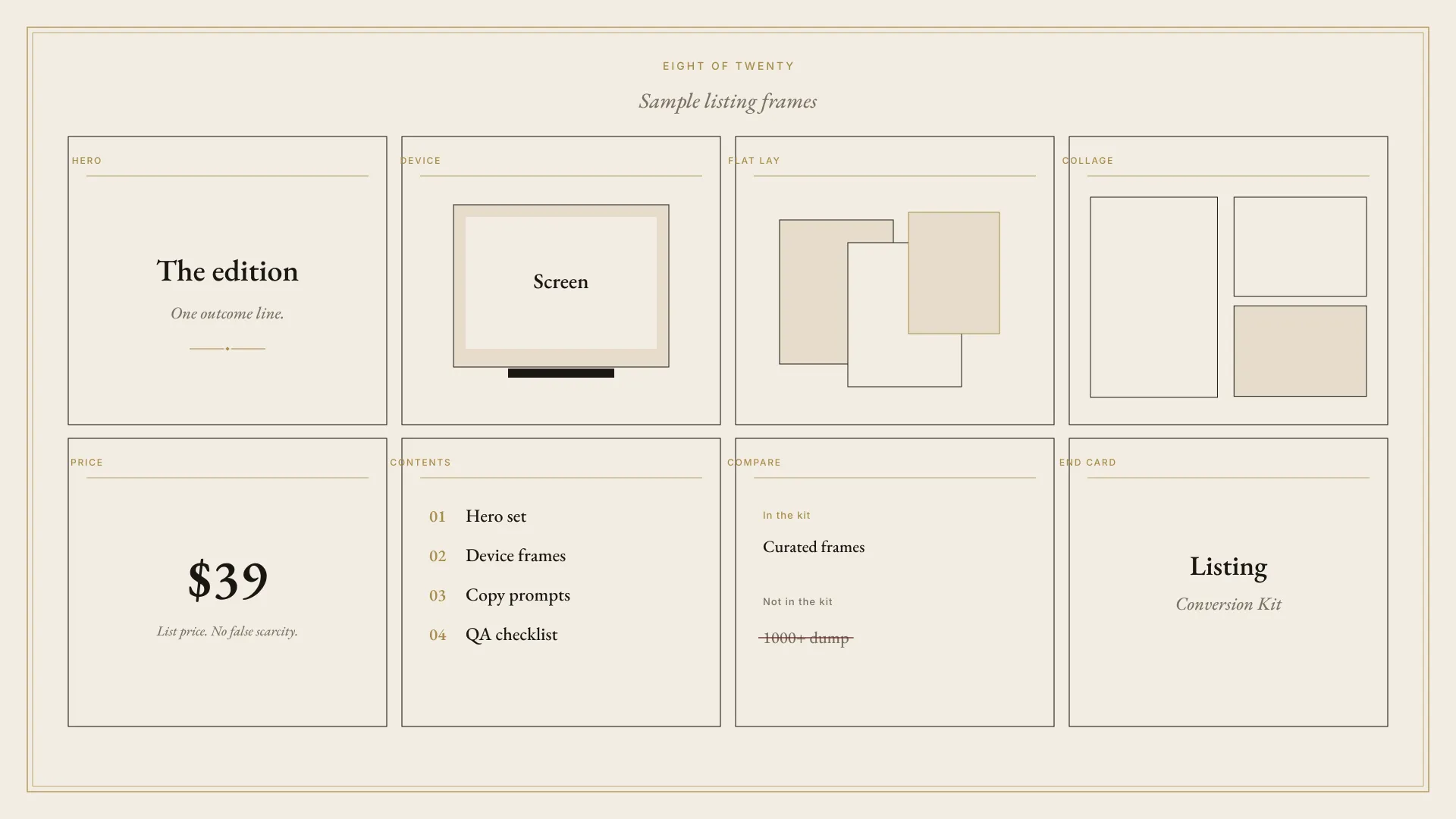 Eight sample listing frames for the Listing Conversion Kit: hero, device, flat lay, collage, price, contents, compare, and end card.