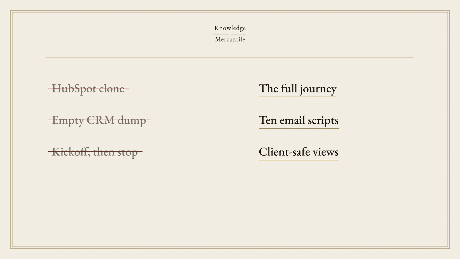 Panel stating Client Onboarding and Delivery OS is not a HubSpot clone or an empty CRM dump. The full journey, ten email scripts, and client-safe views are marked.