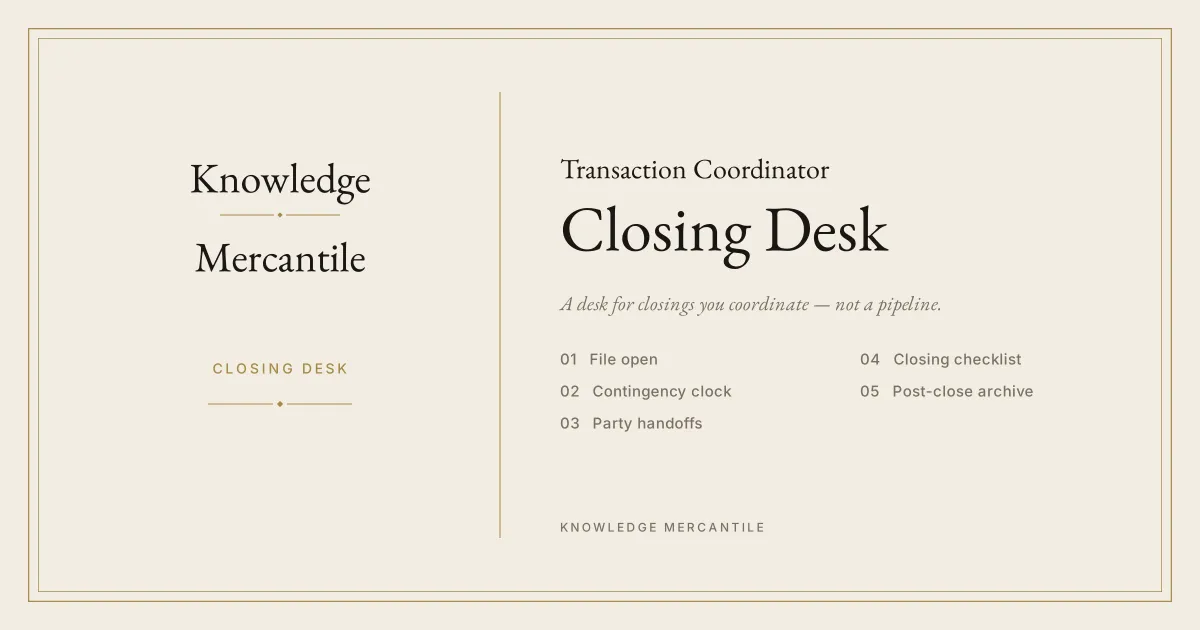Knowledge Mercantile. Closing Desk. A desk for closings you coordinate — not a pipeline. The spine is file open, contingency clock, party handoffs, closing checklist, and post-close archive.