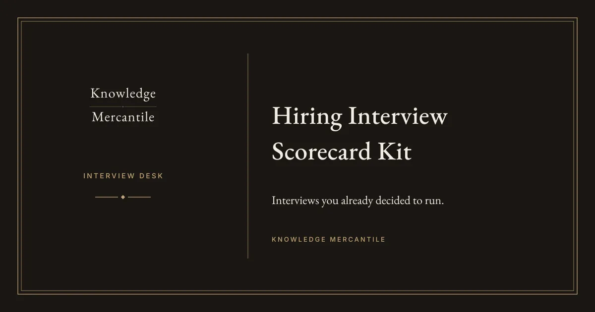 Knowledge Mercantile. Hiring Interview Scorecard Kit. The line reads Interviews you already decided to run. No dollar amount is shown.