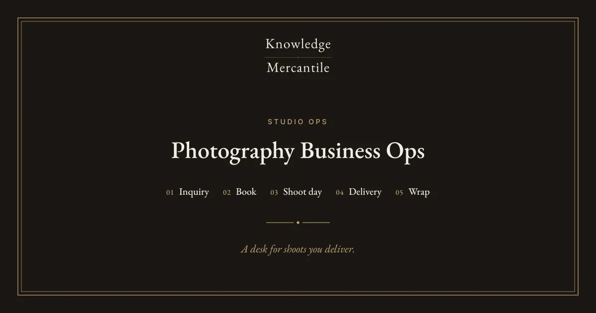 Knowledge Mercantile. Studio Ops. Photography Business Ops. A desk for shoots you deliver. The stages are inquiry, book, shoot day, delivery, and wrap.
