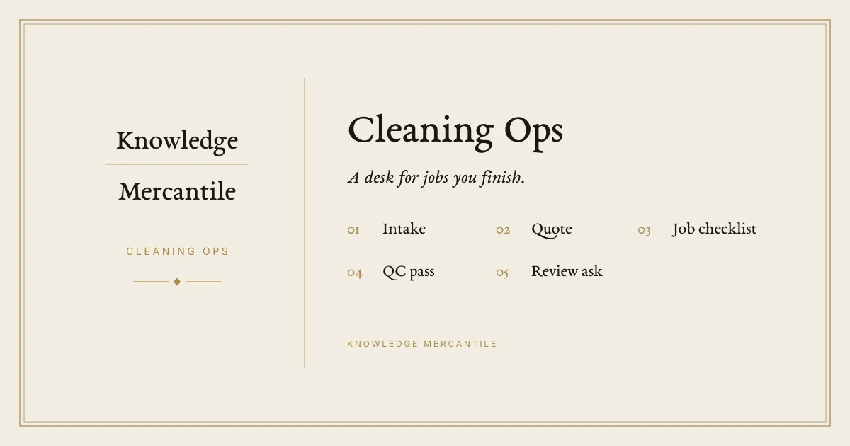 Knowledge Mercantile. Cleaning Ops. A desk for jobs you finish. The spine is intake, quote, job checklist, QC pass, and review ask.