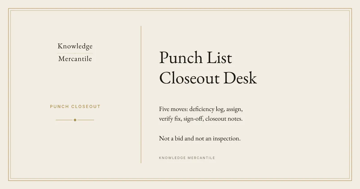 Knowledge Mercantile. PUNCH CLOSEOUT. Five moves: deficiency log, assign, verify fix, sign-off, closeout notes. Not a bid and not an inspection.