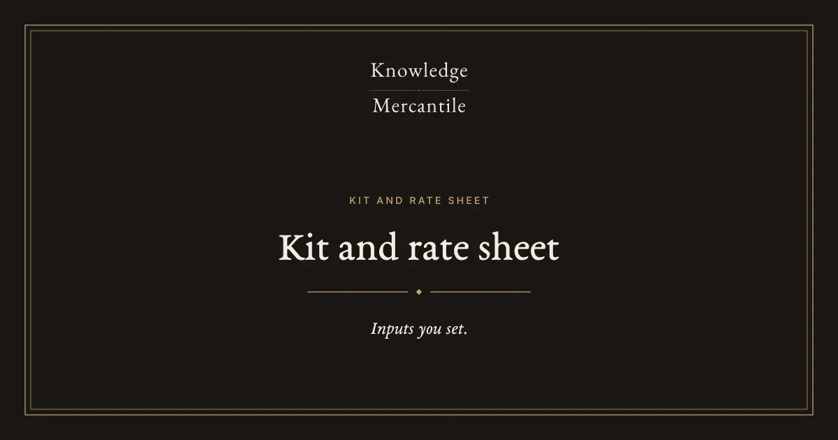 Knowledge Mercantile. Kit and rate sheet. Inputs you set.