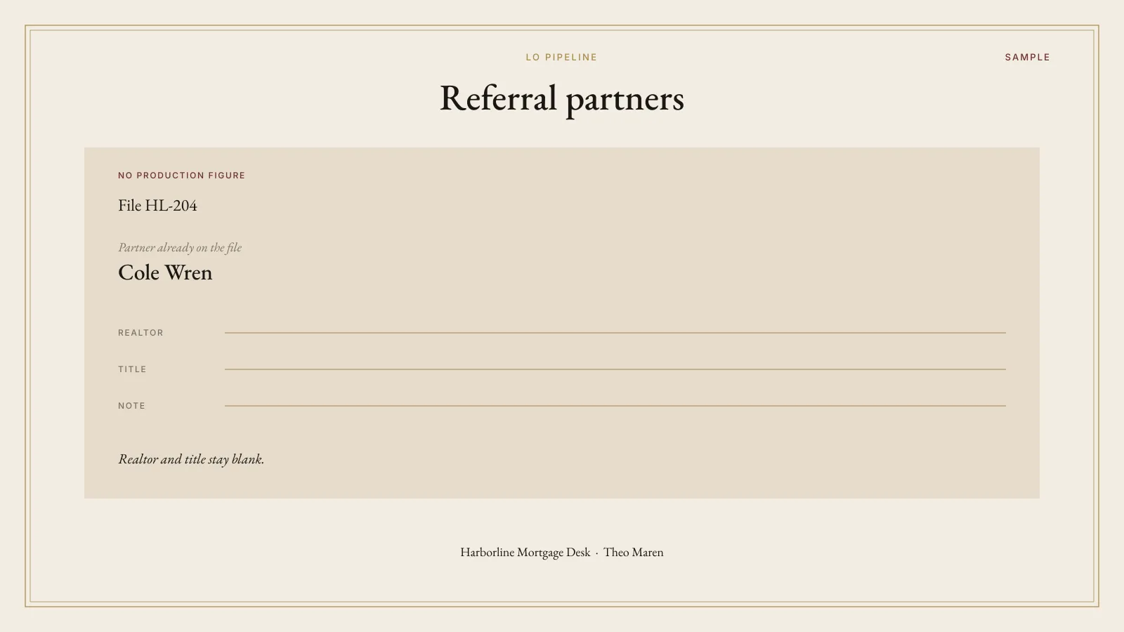 Sample referral partner stub from the Mortgage Loan Officer Pipeline OS. Cole Wren is the partner already on fictional file HL-204. Realtor and title lines are blank. No production figure is shown. The footer names Harborline Mortgage Desk and Theo Maren. The plate is labeled SAMPLE.