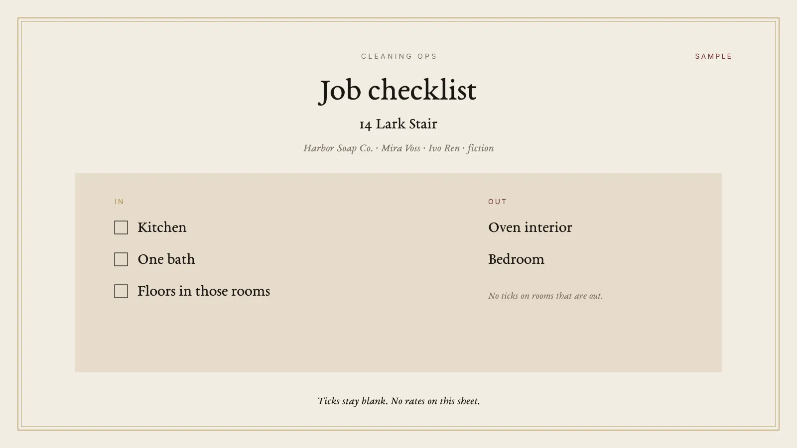 Sample job checklist for the rooms at 14 Lark Stair, labeled SAMPLE. Harbor Soap Co., Mira Voss, and Ivo Ren are fiction. Kitchen, one bath, and floors in those rooms are in. Oven interior and bedroom are out. Ticks are blank. No rates are printed.