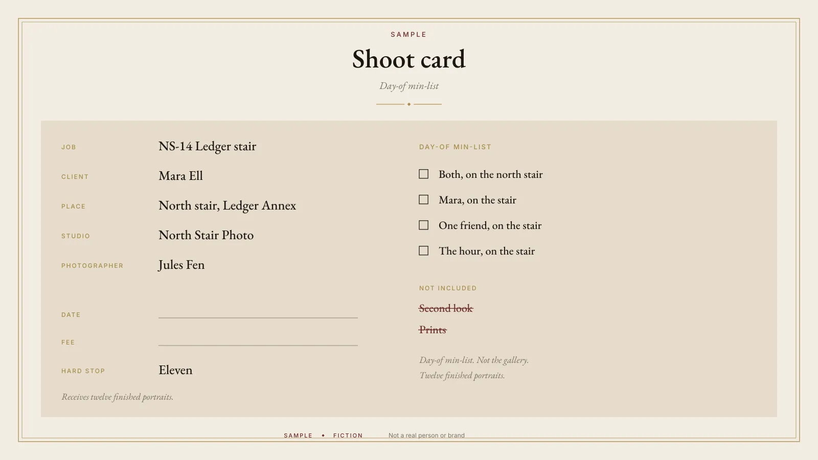 Sample shoot card from Studio Ops for NS-14 Ledger stair. The date and fee are blank. The day-of min-list is portraits on the north stair, and the card names twelve finished portraits. The plate is labeled SAMPLE.