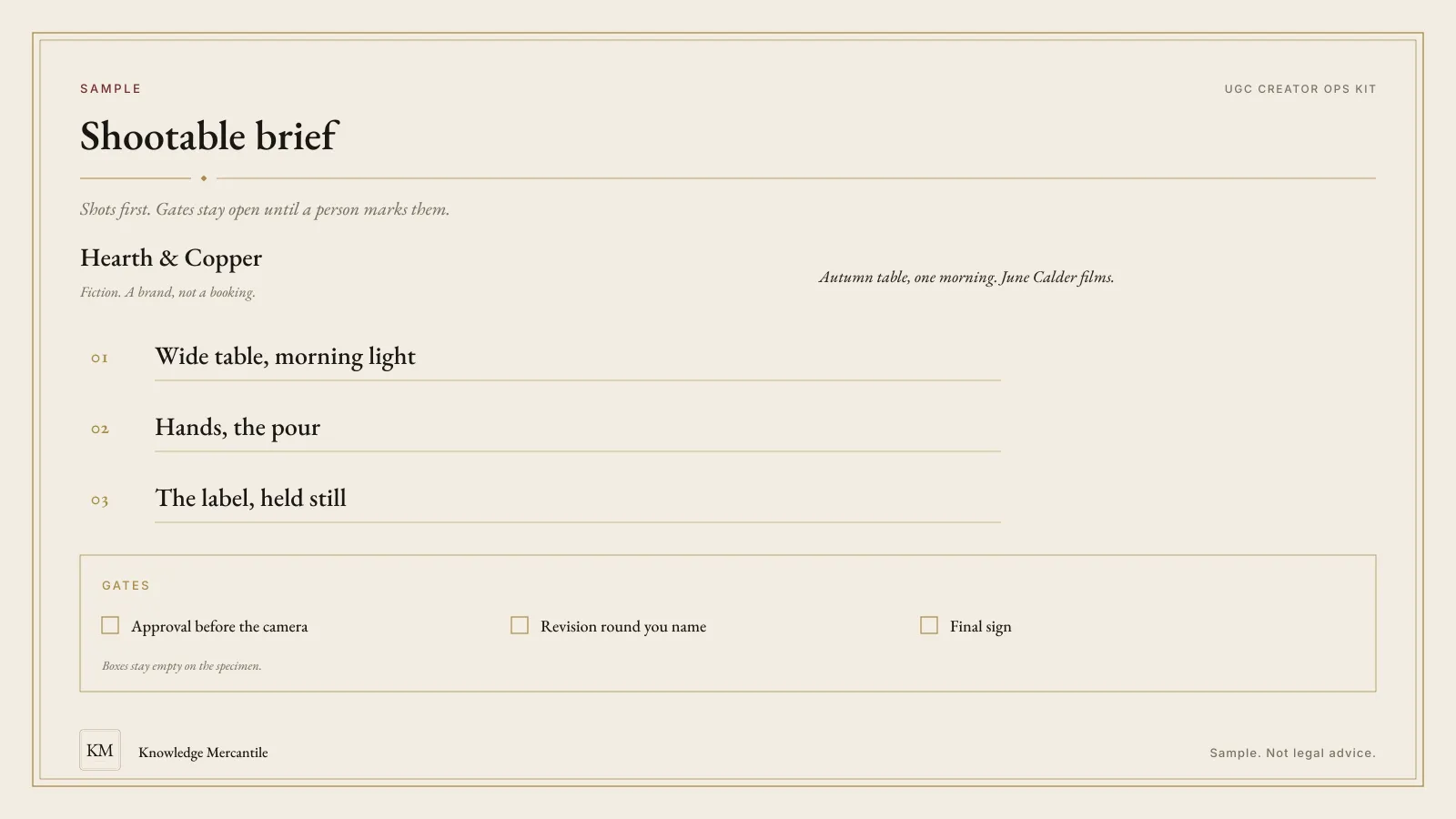 Sample shootable brief for the UGC Creator Ops Kit, listing three shots and three empty approval gates for a fictional brand.